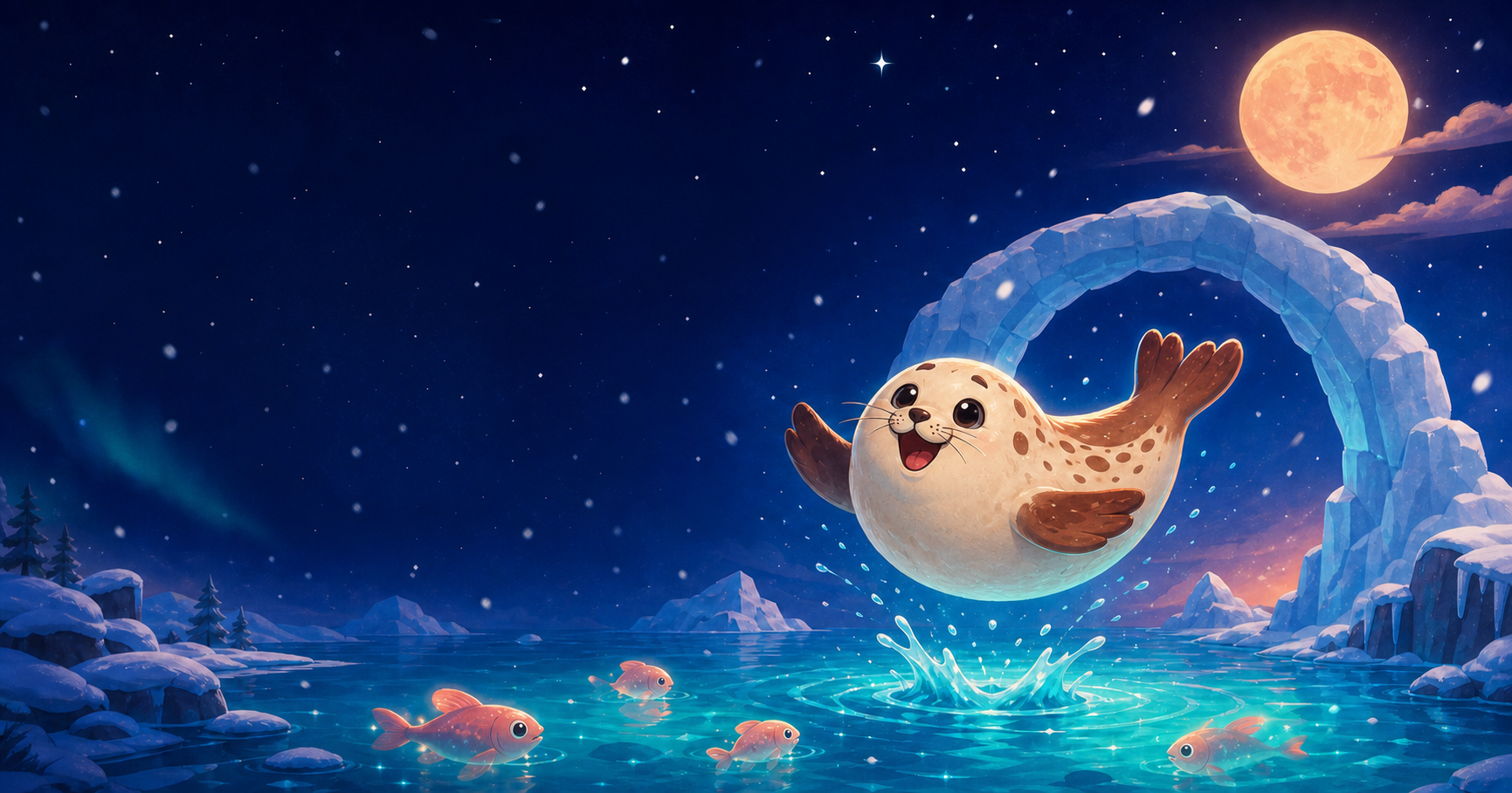 Pebble the seal leaping through an Arctic bay